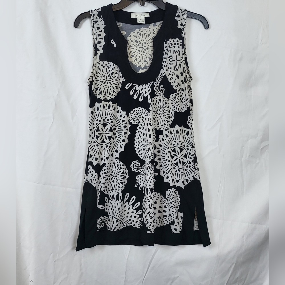 White House Black Market Black White Geometric Jersey Sleeveless Tunic Top Sz XS